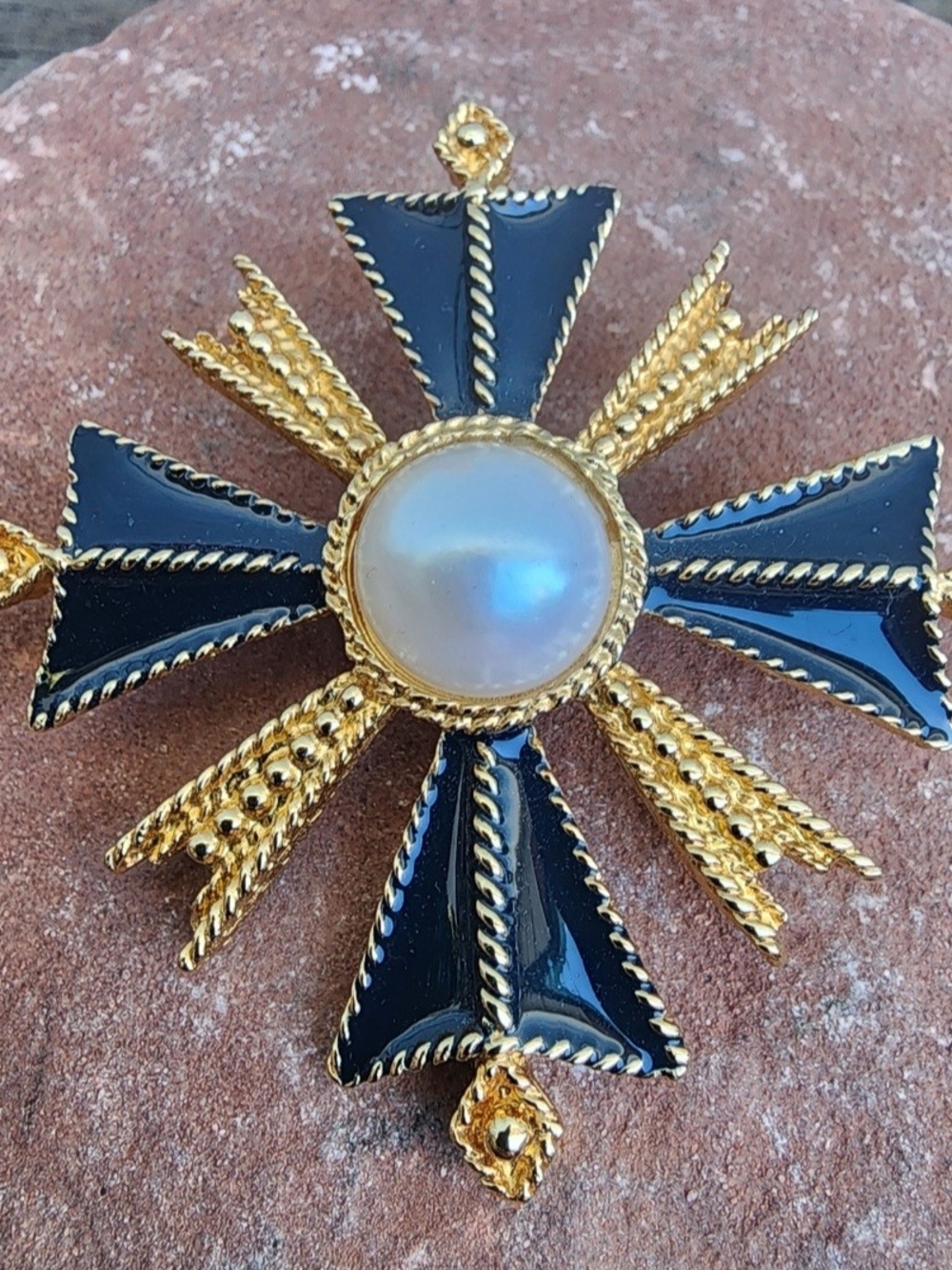 St. John Vintage Maltese Cross Brooch Black Enamel Faux Perl